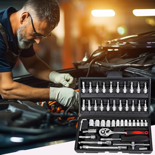 Socket Set 46 Piece 1/4 Inch Tool Sets Ratchet Set for DIY Enthusiasts Car Tools & Equipment Small Socket Set Extension Bars for Household Car Bike Motorbikes Repair - Compact Household Tool Kit - Image 2