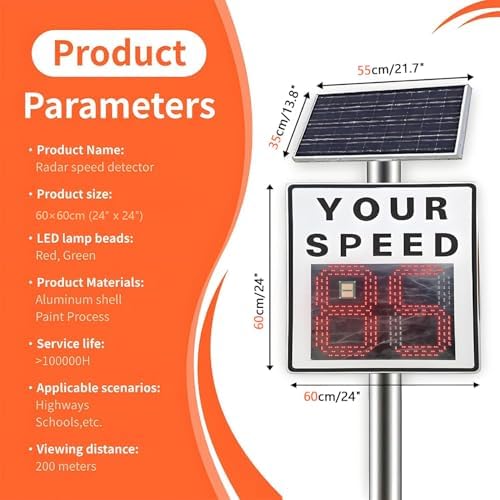 Solar Powered Radar Speed Display Sign, LED Speed Limit Feedback Sign with Remote Control, 20"x27" for Traffic Control, Improve Road Safety, Weather Resistant