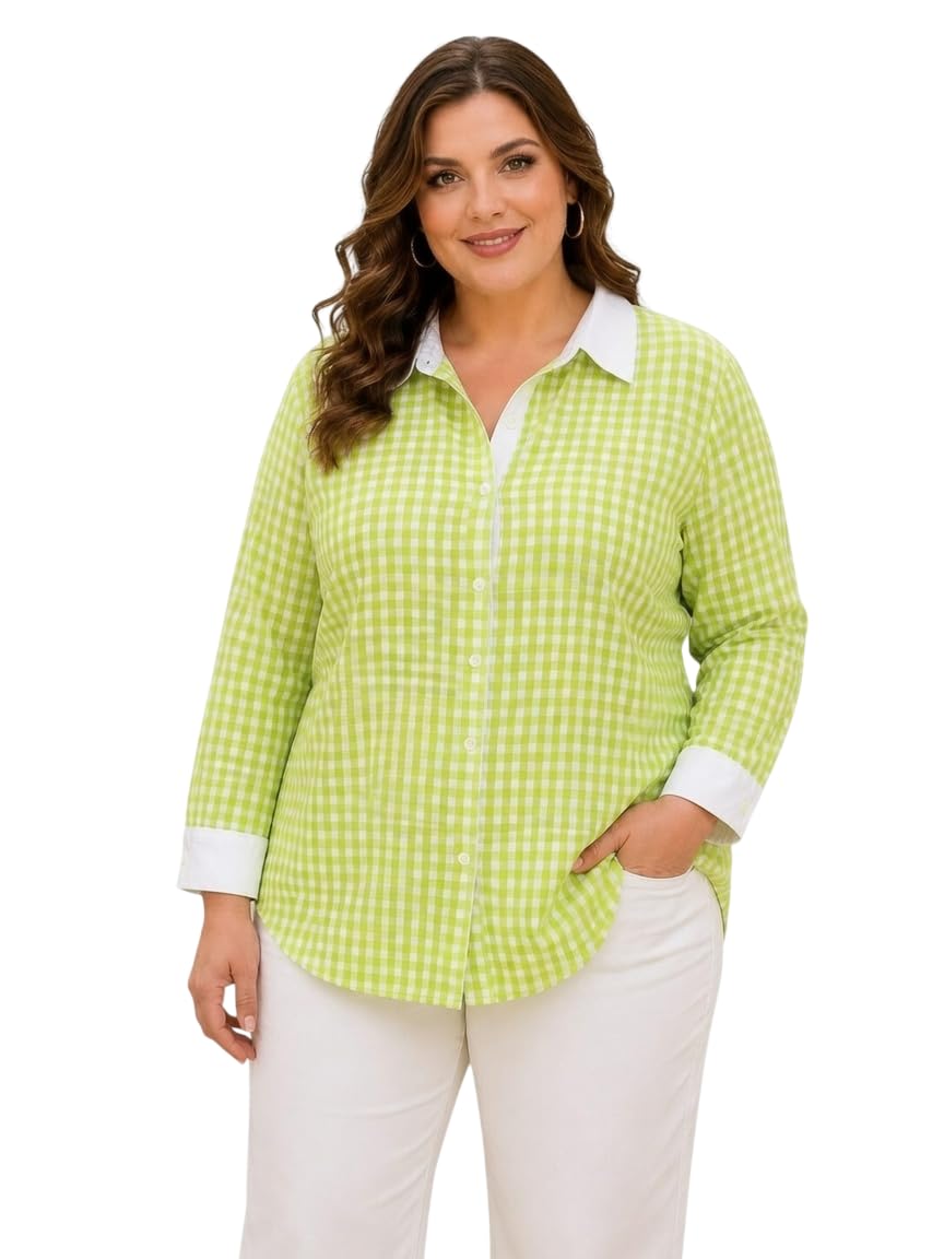 VALECHA Creation Women's Plus Size Casual Cotton Checks Button Down Shirt | Full Sleeve Relaxed Fit Top-picture-31