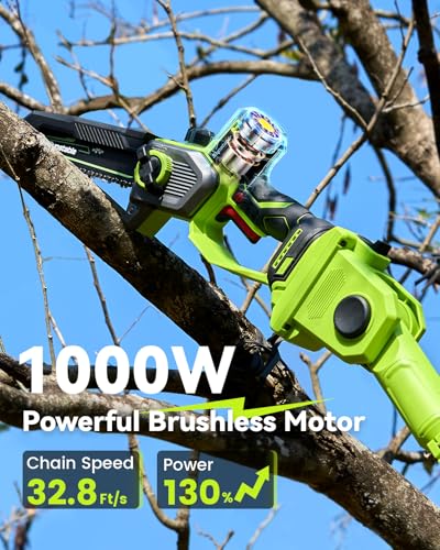 Image of 10 Inch Electric Pole Saws for Tree Trimming, 1000W Brushless Pole Saw and Mini Chainsaw 2 in 1, 2*4000mAh Battery, Lightweight Tree Saw with Extension Pole, 16Ft Max Reach Tree Trimmer Branch Cutter