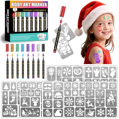 Christmas Temporary Tattoo Markers for Kids and Adults, 8 Metallic Markers and 165+ Temporary Tattoo Stencil Designs for Christmas, Cosmetic Tattoos Pens for Party Favor