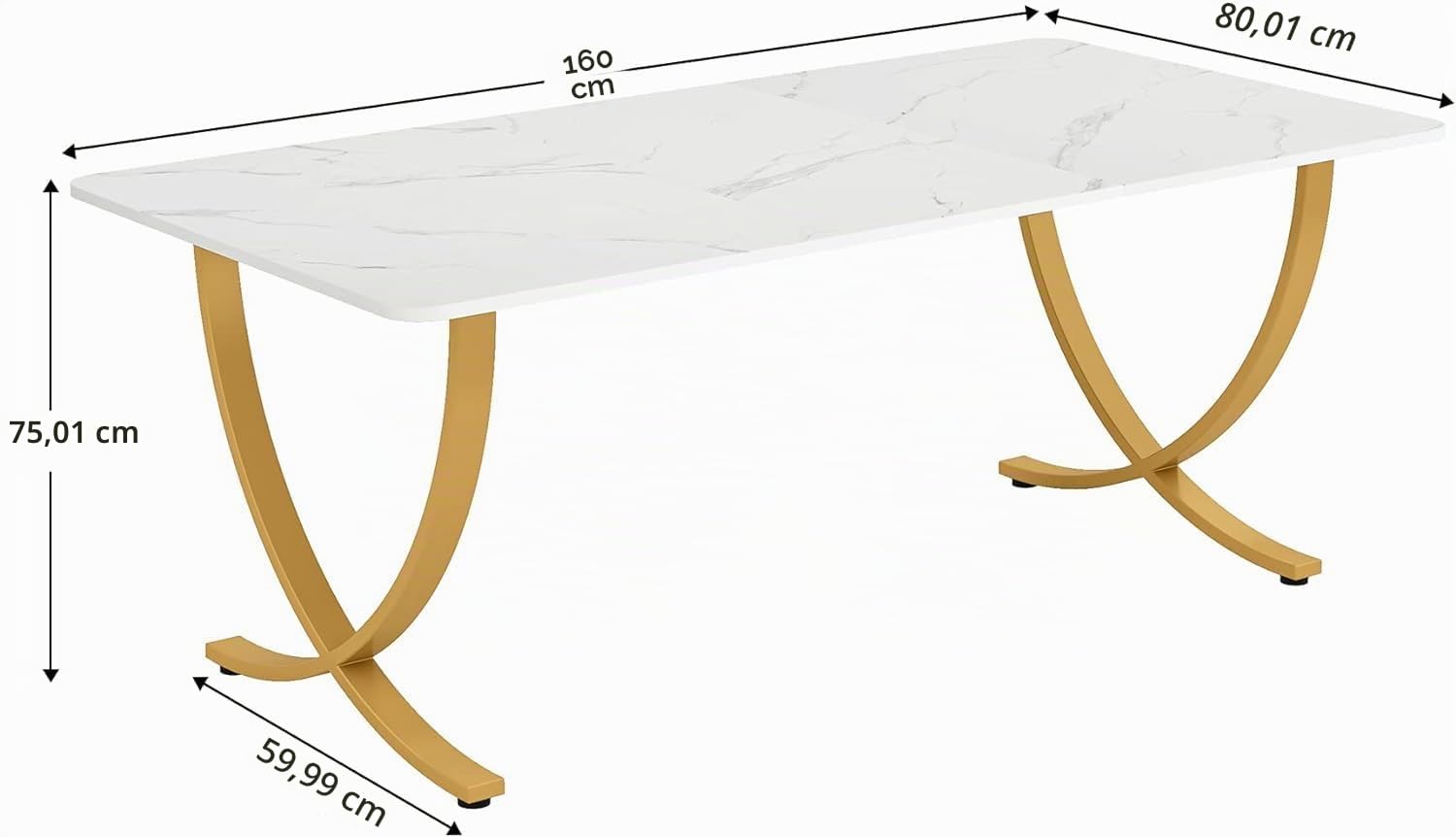 Tribesigns Mesa Escritorio, 160 x 80 x 75 cm, Escritorio de Oficina Grande, Moderno Mesa de Ordenador, Mesa de Conferencias, Mesa de Sala de Reuniones para Oficina en Casa, Blanco y Dorado