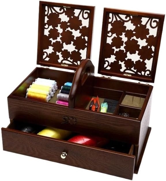 LWECMGSA Wooden Storage Box Household Sewing Kit with Lid Rectangular Tool Needle Thread