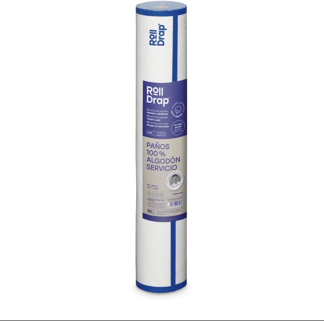 Kitchen Towel, 40×64 cm (15.7×25.2 in), White with Blue Border, Professional Cotton Cloth for Lint-Free Drying and Polishing, 10 Towels per roll