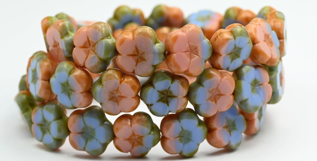 Outlet 10 Grams Table Cut Flower Beads, 14 x 14 mm, Mix Blue Pink Opaque Travertin (37724B-86800), Glass, Czech Republic