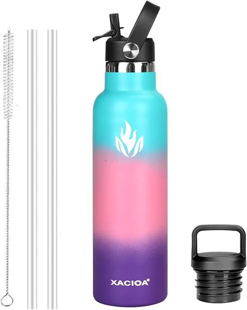 XACIOA Stainless Steel Water Bottle With Straw -for Hot/Cold Drinks 500/750/1000/ml Vacuum Insulated Leak Proof Water Bottle,BPA Free - with 2 replacement lid and straw Brush
