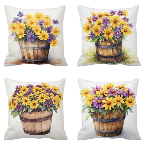 Coussins canapé extérieur imperméable jaune fleuri en lin 35x35 - 2