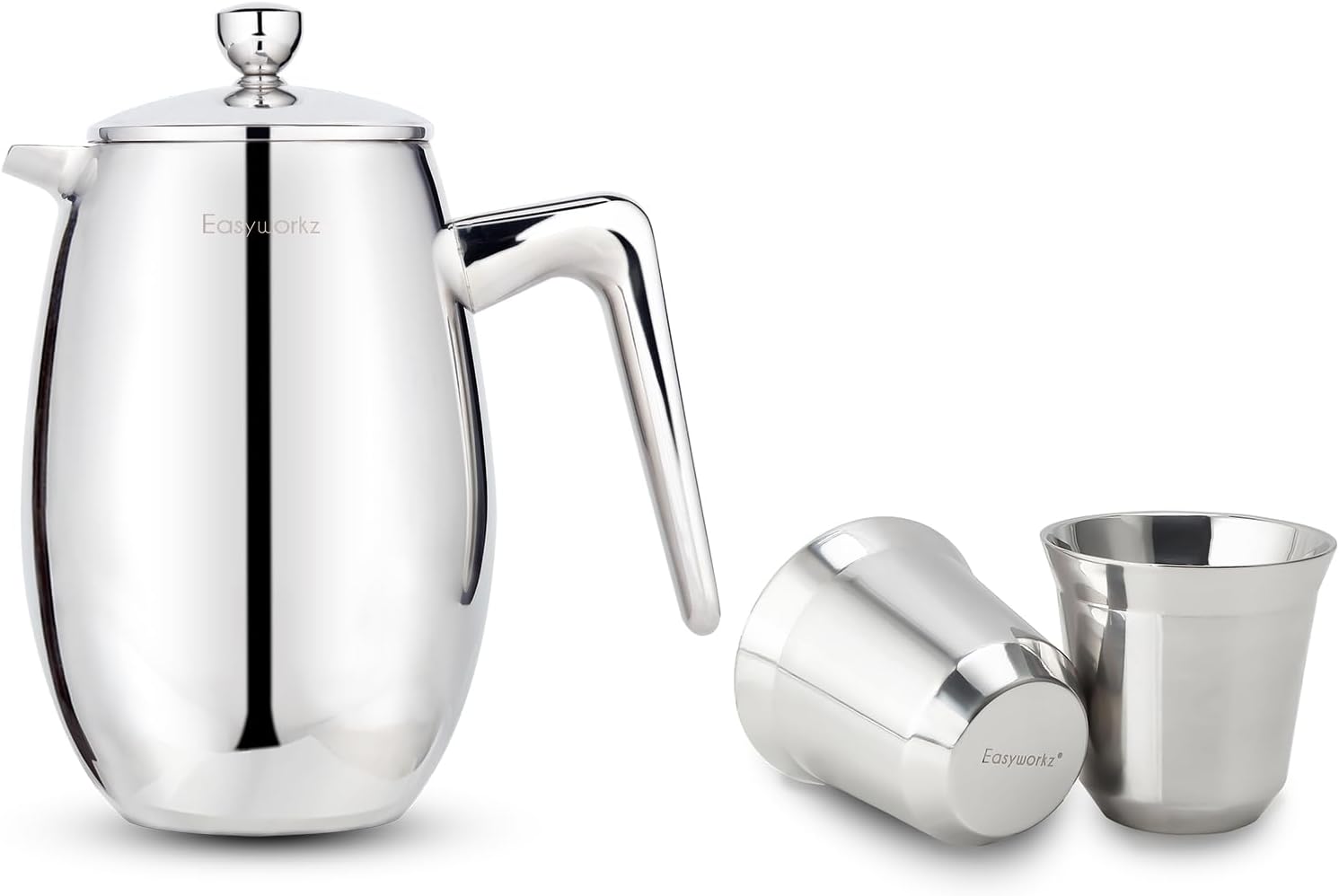 Easyworkz Nando French Press 23 oz, Bundled Stainless Steel Espresso Cup 2pcs Set Double Wall Insulated Metal Demitasse Cups 5 oz