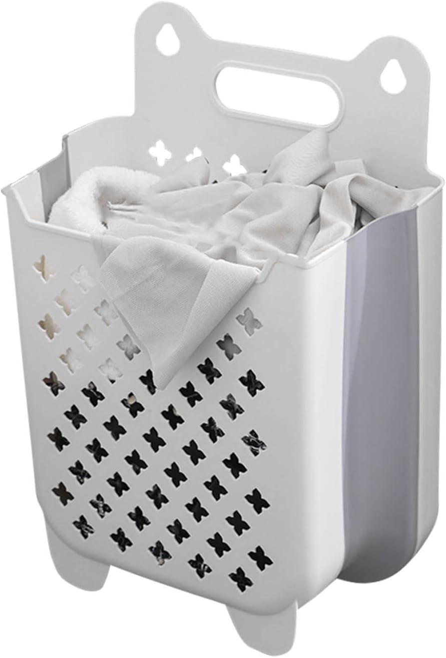 Wall Mounted Collapsible Laundry Basket Large Capacity Hanging Folding Laundry Hamper for Home (White Large)