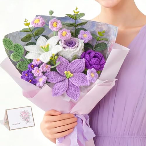 Serwalin Crochet Flower Bouquet Purple Handmade Knitted Flowers Liliy Roses Crochet Flowers for Mothers Day Graduation Lover Teacher Anniversary Birthday Gifts for Girlfriend Wife(Include Card)
