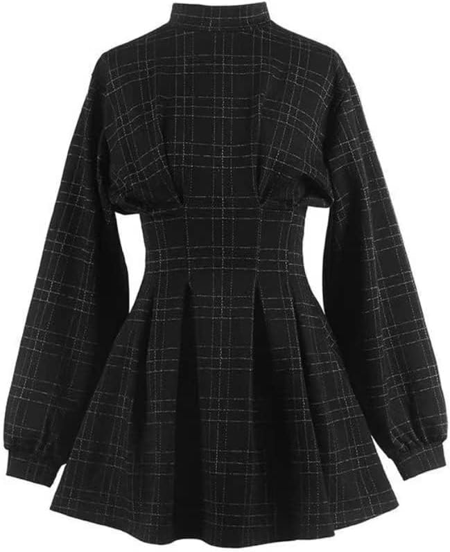 Gothic Plaid Dress - Black Long-Sleeved Mini Dress - Emo Style - Image 3