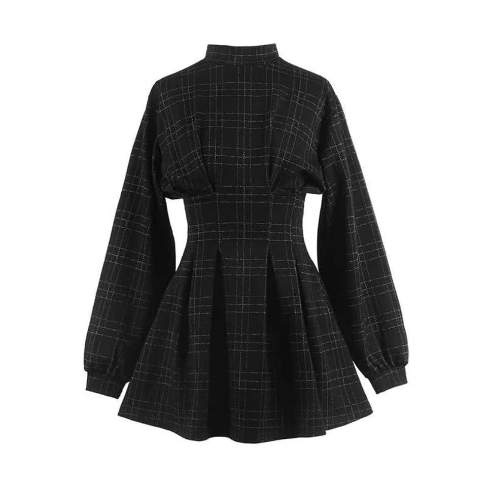 Gothic Plaid Dress Black Long-Sleeved Dress Dark Mini Black Dress Emo Dress2