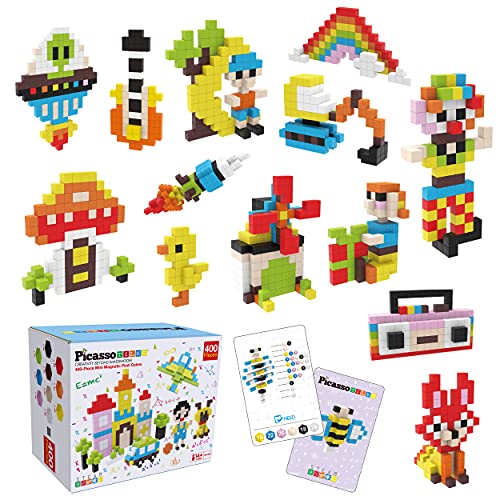 PicassoTiles 0.5” Pixel Magnetic Puzzle Cube 400 Piece Mix & Match Cubes Sensory Toys STEAM Education Learning Building Block Magnets Children Construction Toy Set Stacking Magnet Creative Kit PMC400
