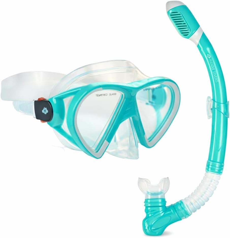 Hawaii Divers Leilani Mask Snorkel and Fin Set, Adult Snorkeling Gear, Dual-Window Tempered Glass Mask, Dry-Top Snorkel, Adjustable Fins, Travel Snorkel Set