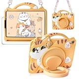 for iPad mini 7 (A17 Pro) 2024/for iPad mini 6 case 2021 8.3 Inch with Pencil Holder Screen Protector 360 Rotating Stand Lanyard Silicon Cute Cat Protective Tablet Cover for iPad Mini6 Gen Kids Girls