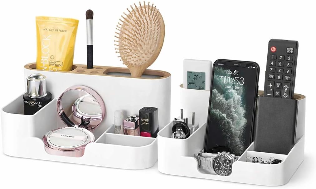 Desk Organizer Stationary Storage Holders Pen-Pencil, Mobile, Remote, Sticky Note, visiting card, Paperclip stand Multi-Functional Study Table Desk Accessories Stand for Home/Office - White