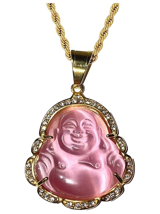 Laughing Buddha Pink Jade Pendant – Iced Diamond Necklace with Rope Chain, 14k Gold Plated, Certified Grade A Jadeite Spiritual Healing Jewelry