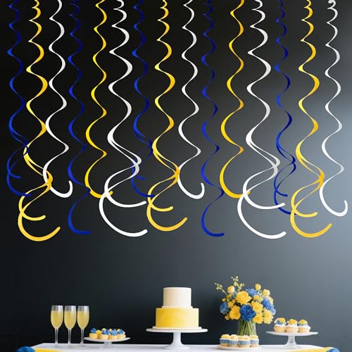 Image of 36 Pcs Royal Blue Yellow White Hanging Swirl Decoration Felt Swirl Streamer Spiral Ceiling Decorations Garland for Graduation Birthday Wedding Retirement Nautical Ahoy Achor Party Supplies