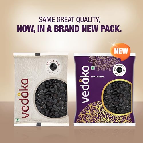 Image of Amazon Brand - Vedaka Black Raisins (Seedless) | 500 g | Kali Kishmish, Kali Draksh, Dry Fruits | Sweet Fruity Taste and Soft Chewy Texture | Antioxidant-Rich | Low-Fat Snack | Immunity Booster