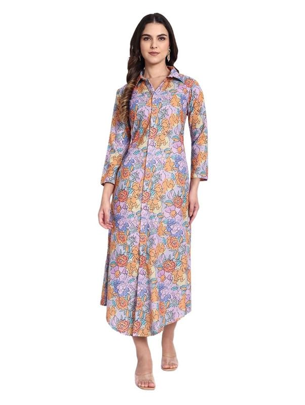Women Multicolor Floral Printed Shirt Collar Neck A-Line Maxi Dress-image-1
