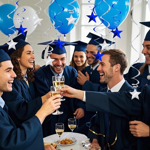 Image of BEISHIDA Blue Silver Stars Hanging Swirls Bachelorette Graduation Hanging Ornament Decorations for Birthday Party Baby Shower Supplies Congrats Grade 2026 Graduation Decorations,Pack of 15