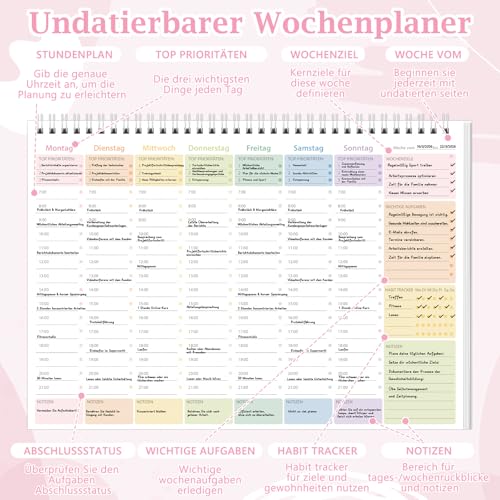 Wochenplaner Block A4 Undatierter Wochenplaner Mit Uhrzeiten 52 Blatt Spiralgebundene Weekly Planner Duplex To Do Liste Block Ohne Festes Datum Reicht für Ein Jahr Für Zuhause Schule Büro