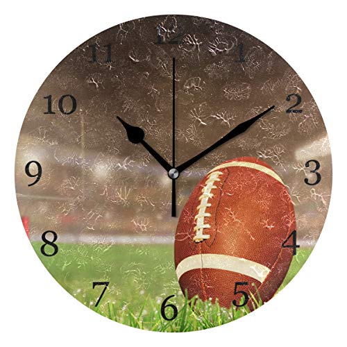 Kuwt American Football Wall Clock Silent Non-Ticking, 9.5 Inch Round Wall Clock Battery Operated Sport Ball Clock Decor For Boys Room Home Wall Bathroom Bedroom Living Room Office Classroom Patio #TOP15