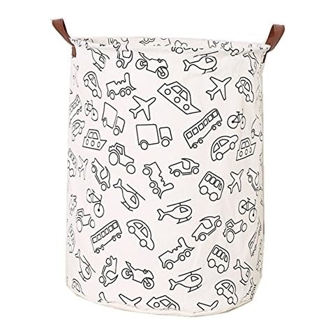 Migaoeco Large Folding Canvas Laundry Basket Tote Storage Bag Toy Organizer Box Bucket with Leather Handle Strap - 40cm*50cm (Plane Cars) Cover