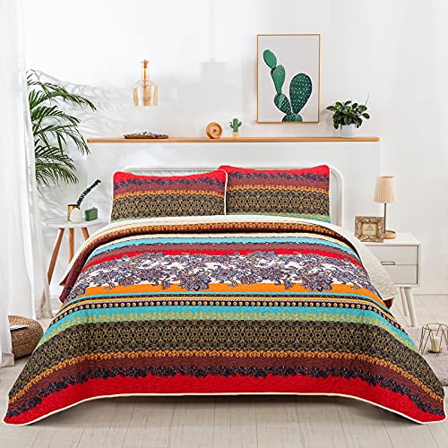 DJY Couvre-lit bohème King size en microfibre douce et légère pour toutes les saisons, motif à rayures bohémien, couvre-lit imprimé King size 240 x 260 cm Cover