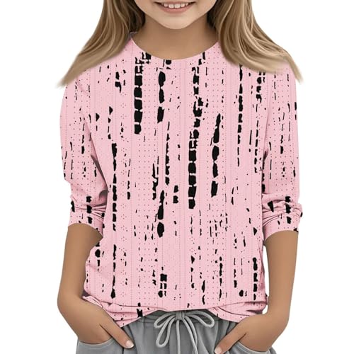 Girls Shirts 3/4 Sleeve Round Neck Graphic Blouses Workout Three Quarter Sleeve Tops Summer Curved Hem Kids Clothes