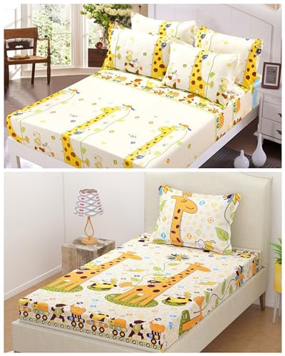 Image of Combo Pack of 2 Elastic Fitted Bedsheet 1 for Double Bed and 1 for Single Bed of Same Print 200TC (Giraffe)