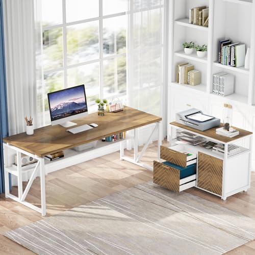 Image of Tribesigns L Shaped Desk with Drawer,63 inch Executive Computer Desk and lateral File Cabinet, 2 Piece Home Office Furniture for Hanging File, Cabinet with Doors