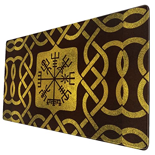 Tapis de souris professionnel pour jeu vidéo - Impression 3D Vegvisir - Boussole nordique viking - Antidérapant - Pour clavier, café, bureau - Jaune - 78,7 x 30,5 cm Cover