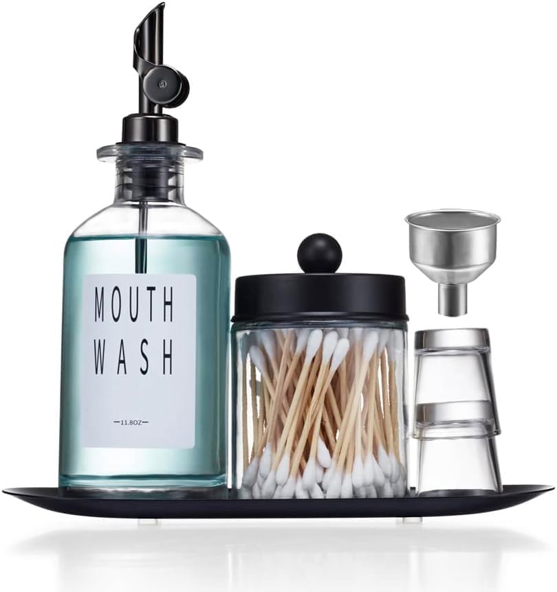 Joyfulmap Mouthwash Dispenser Set for Bathroom, Clear Glass Mouth Wash Bottle with Qtip Holder, 2 Glass, Tray Cups, Stainless Funnel, Bathroom Essentials,Black