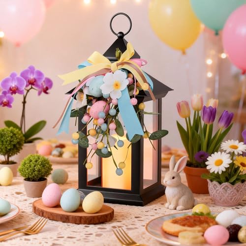 Image of Easter Decorative Candle Lanterns, Battery Operated with Timer, 2 Pack Black Easter Egg Lanterns, 14 inch Waterproof Hanging Lanterns for Porch, Patio, Wedding Spring Decor