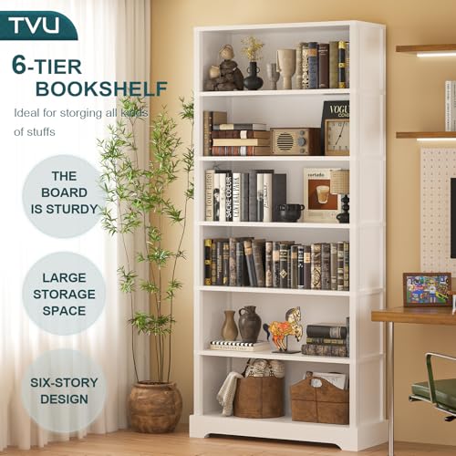 Image of TVU 6-Tier Wooden Bookshelf, 77.2 inch Tall Farmhouse Style Open Bookcase, 31.5 inch W Standing Bookshelf with Storage, Suitable for Study, Living Room, Office, White