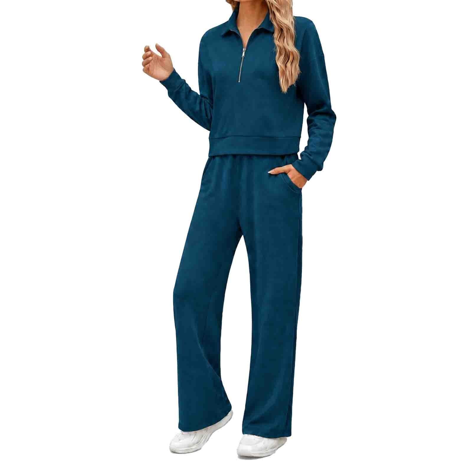 Tuta da jogging da donna in cotone con mezza cerniera, scollo Henley, due pezzi, a maniche lunghe, tuta sportiva urbana, elegante e traspirante