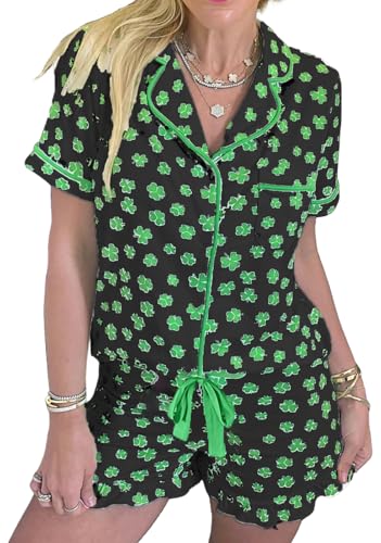 Image of KevaMolly Women Novelty Knotted Candy Cane Christmas Pajama Set | Christmas Floral Bow Print PJ Set, Button Lapel Knotted Drawstring Shorts with Convenient Side Pockets