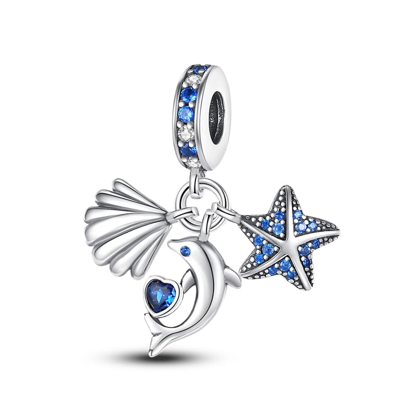 Colgante de plata de ley 925 con colgante de plata de ley 925 compatible con pulseras Pandora Moments (delfín, peces, océano, mar, almeja, concha, estrella)