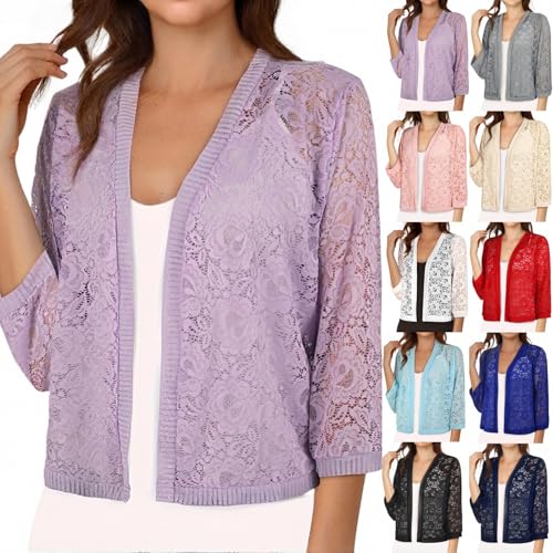Womens Lace Cropped Cardigan Lightweight Trendy 3/4 Length Sleeve Open Front Short Jackets Casual Elegant Coats4