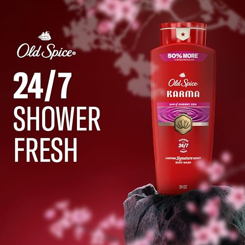 Image of Old Spice Body Wash for Men, 24 /7 Shower Fresh & Clean w /Daily Use, Lasting Signature Scent, Refreshing Lather, Moisturizing Formula, Karma with Cherry Spice, Black Pepper, & Sandalwood Scent, 24 oz