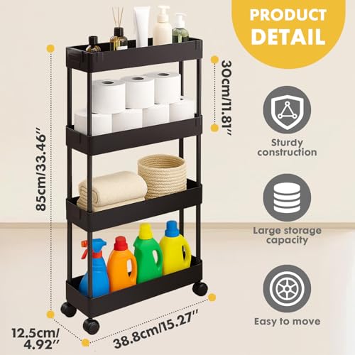 ShellKingdom 4 Tier Bathroom Storage Organizer, Slim Rolling Storage Cart for Narrow Space, Mobile Shelving Unit with Lockable Wheels and Hooks for Bathroom, Kitchen, Laundry Movable Shelf (Black)