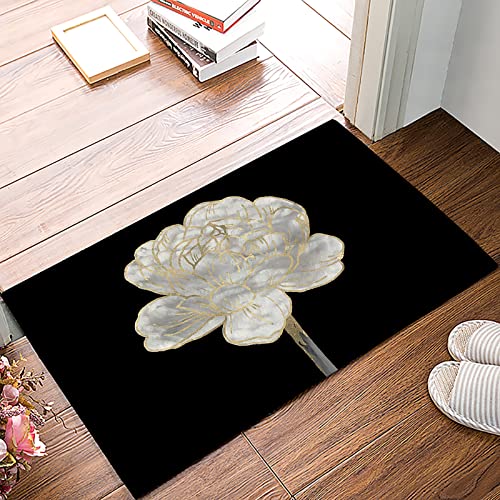 Doormat Kitchen Bathroom Rug Floor Door Mat,Abstract White Floral Non Slid Indoor Outdoor Entrance Mat,Welcome Entry Way Accent Throw Runner Carpet,Spring Botanical Flower Gold Line Black 20