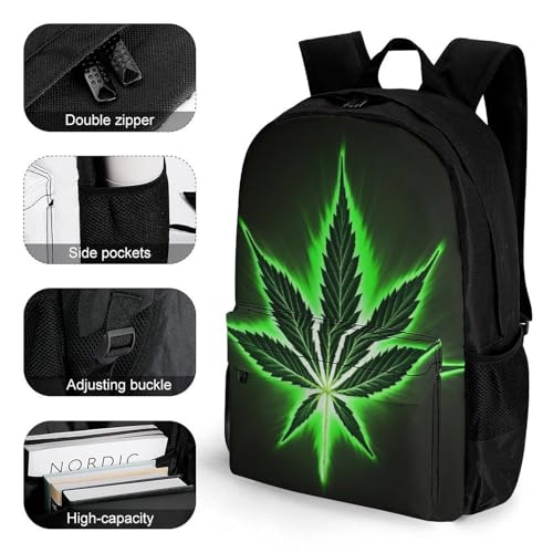 Backpack, Men Women Green Weed Leaf Leaves Black Casual Lightweight Daypack for Sports, Travel, Cute Reusable Shoulder Bag for Daily Use3