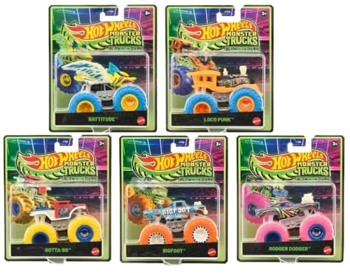 Hot Wheels Monster Trucks Glow in the Dark Collection, Bigfoot, Rodger Dodger, Loco Punk, Gotta Go, Battitude, Die-Cast Vehicles, Ages 3+, 5 Pack JFX08-979B