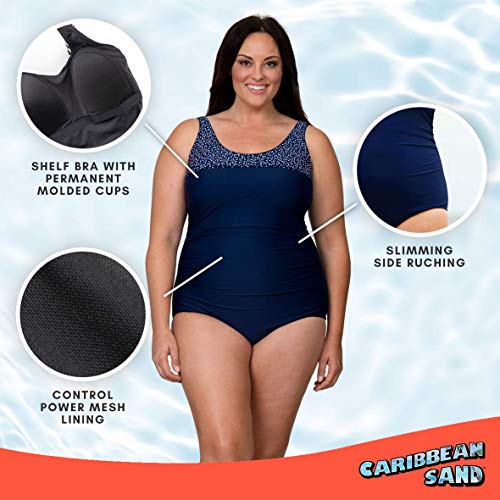 Caribbean Sand Slimming One Piece Bathing Suit Full Coverage Plus Size Swimsuit For Women With Tummy Control 24W Navy #TOP4