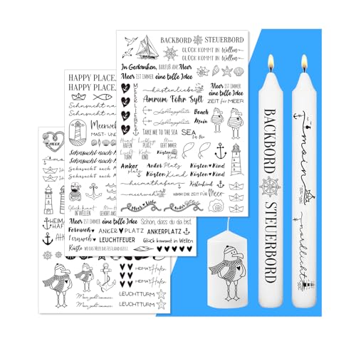 Kerzentattoos,Kerzensticker und Kerzentattoos im maritimen Stil, darunter Wasserschiebefolie mit Motiven wie Möwen, Meer, See und Anker, sowie Sprüche für Kerzen oder Keramik. (Meer)