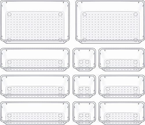 Image of 11 Pcs Drawer Organizer Versatile Vanity Drawer Storage Bins, Clear Plastic Drawer Organizer Trays, Customize Layout Organizer for Makeup and Bathroom Vanity (Clear) (11 pc)