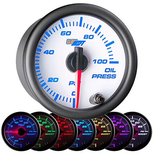 GlowShift White 7 Color 100 PSI Oil Pressure Gauge Kit - Includes Electronic Sensor - White Dial - Clear Lens - for Car & Truck - 2-1 16  52mm