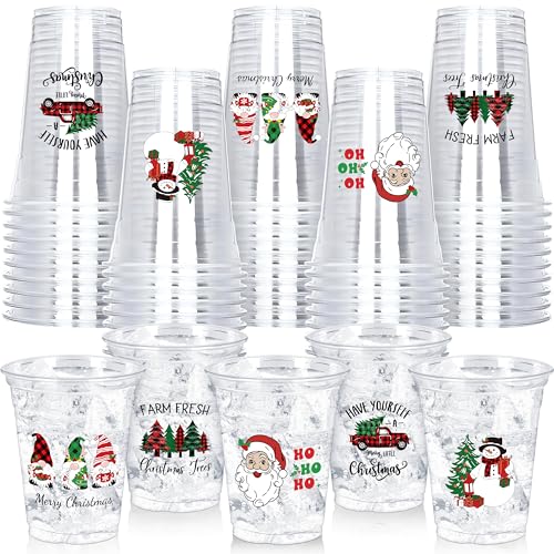 Image of TREWAVE 50Pcs Christmas Cups Disposable 12 OZ Gnome Santa Snowman Truck Xmas Tree Clear Plastic Cups Set Coffee Juice Cold Beverage Drinking Cups for Holiday Christmas Party Supplies